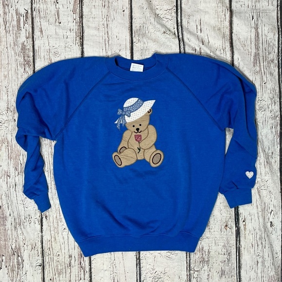 Vintage 1980s Bear with Hat 80s Blue Pullover Jumper Crewneck Sweatshirt - Picture 1 of 5